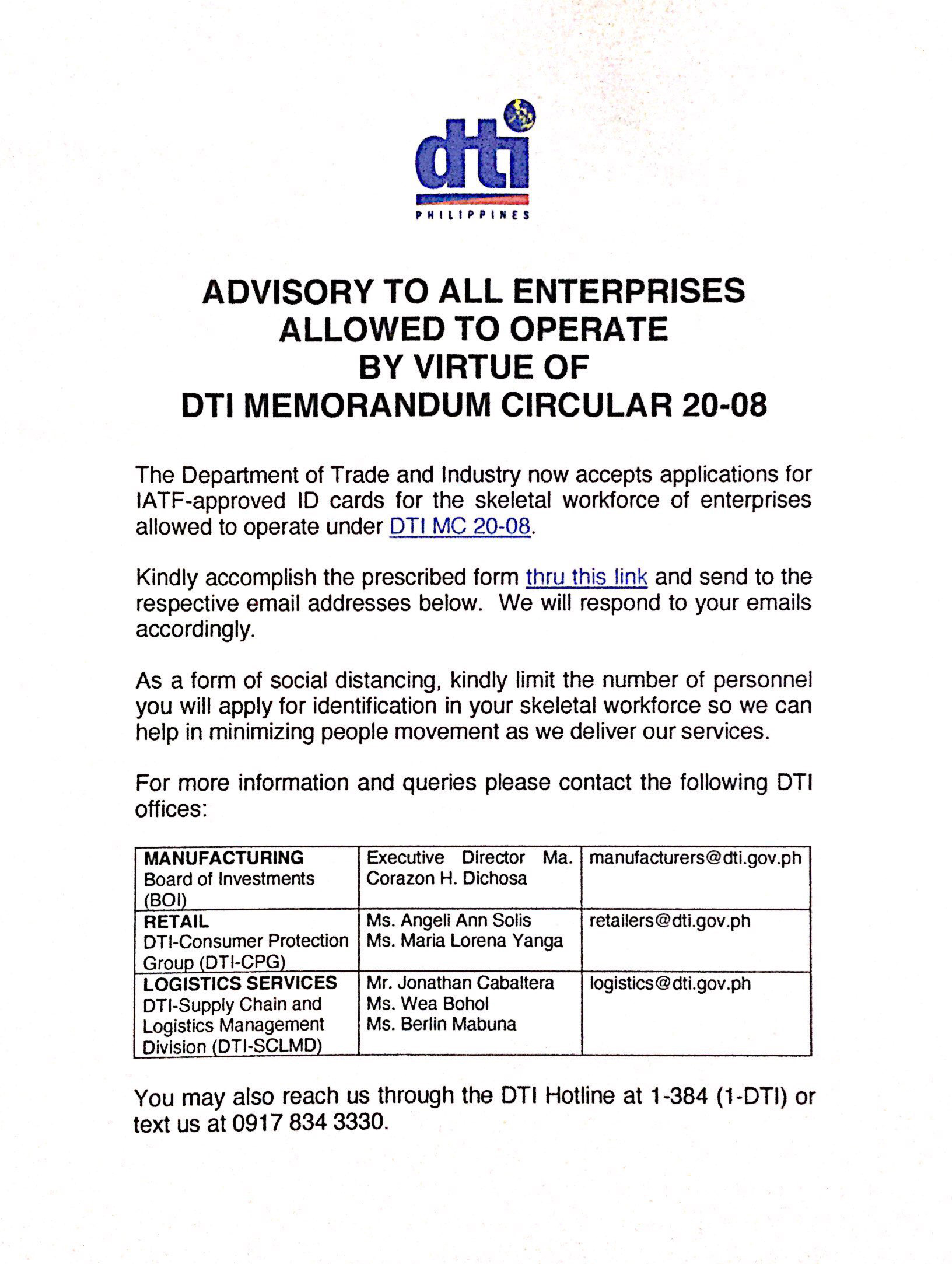 DTI ADVISORY TO ALL ENTERPRISES ALLOWED TO OPERATE BY VIRTUE OF DTI